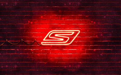 Skechers red logo, 4k, red brickwall, Skechers logo, brands, Skechers neon logo, Skechers