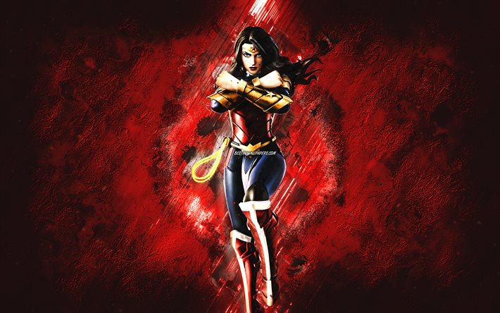 Fortnite Armored Wonder Woman Skin, Fortnite, personajes principales, fondo de piedra roja, Armored Wonder Woman, M&#225;scaras de Fortnite, Armored Wonder Woman Skin, Armored Wonder Woman Fortnite, Personajes de Fortnite