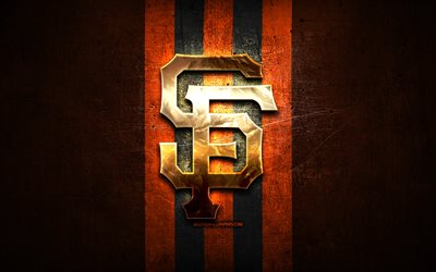 San Francisco Giants emblem, MLB, golden emblem, orange metal background, american baseball team, Major League Baseball, baseball, San Francisco Giants