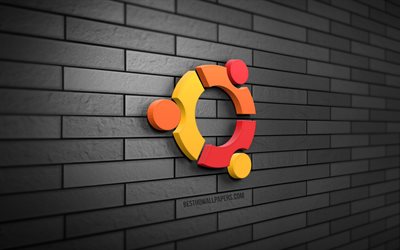 Logo Ubuntu 3D, 4K, muro di mattoni grigio, creativo, Linux, logo Ubuntu, arte 3D, Ubuntu