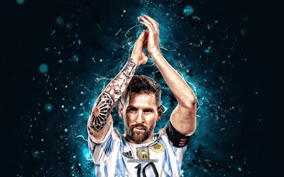 Lionel Messi, alegría, 4K, luces de neón azules, selección argentina de fútbol, estrellas del fútbol, Leo Messi, Lionel Andres Messi Cuccittini, fútbol, Messi, Selección Argentina, Lionel Messi 4K