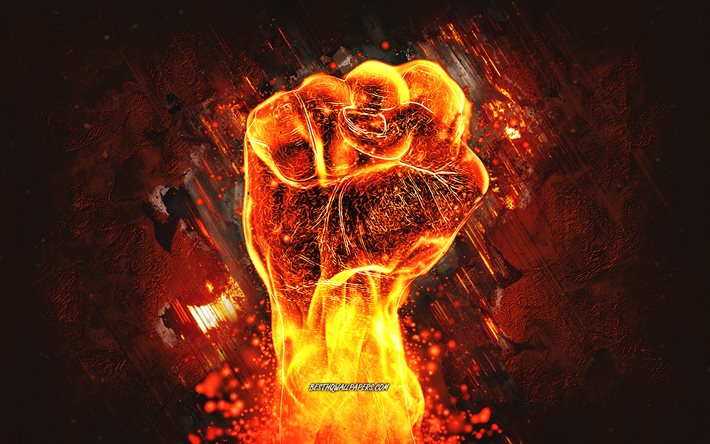 燃えるような拳, オレンジ色の石の背景, パワーの概念, 火, 燃えるような手, グランジアート, 力