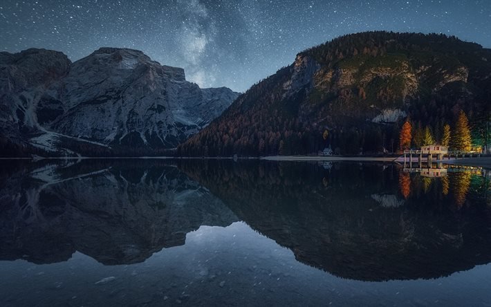 夜, 山湖, 岩, 山々, 山の風景