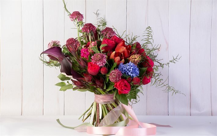 wedding bouquet, beautiful flowers, hyacinths, tulips, calla lilies, roses