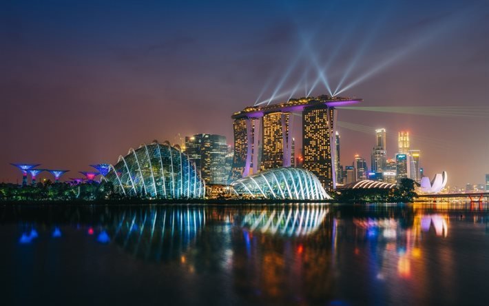 O Marina Bay Sands, Noite, Singapura, Luzes Da Cidade