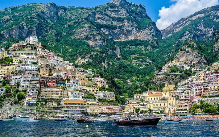 Positano, costiera, terrapieno, estate, mare, Amalfi, Italia