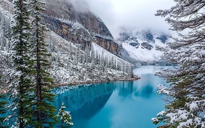 Moraine Lake, 4K, winter, mountains, Banff National Park, Alberta, Canada