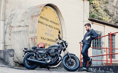 Moto Guzzi V9, 2016, Bobber, cool motorcycle, black motorcycle, rider
