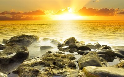sunset, kusten, stenar, havet, kv&#228;ll, 5K