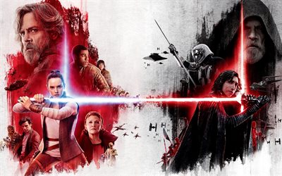 Star Wars, Den Sista Jedi, 2017, affisch, alla aktörer, Daisy Ridley, Mark Hamill, Carrie Fisher, John Boyega, Adam Drivrutinen