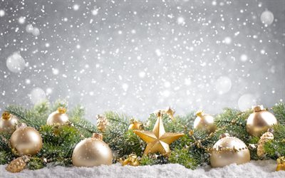 Feliz Natal, 2018, Ano Novo, De natal, bolas de ouro, estrelas, Natal