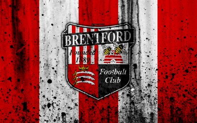 4k, Brentford FC, grunge, EFL Championship, konst, fotboll, football club, England, Brentford, logotyp, sten struktur