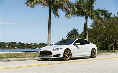 Tesla Model S, 2017, white sports sedan, electric car, American cars, tuning Model S, Niche Wheels, Tesla