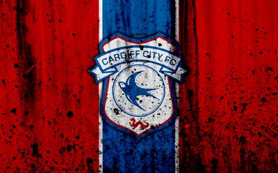 4k, FC Cardiff Şehir, grunge, HAZIRLIK Şampiyonası, sanat, futbol, futbol kul&#252;b&#252;, İngiltere, Cardiff City, logo, taş doku, Cardiff City FC