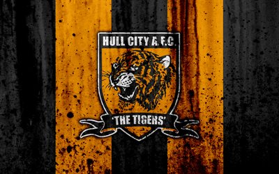 4k, FC Hull City, grunge, EFL Championship, art, soccer, football club, England, Hull City, logo, stone texture, Hull City FC