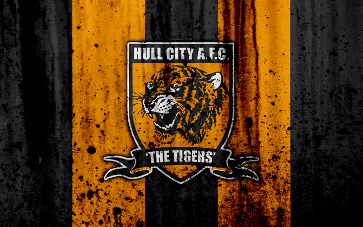 4k, FC Hull City, grunge, HAZIRLIK Şampiyonası, sanat, futbol, futbol kul&#252;b&#252;, İngiltere, Hull City, logo, taş doku, Hull City FC