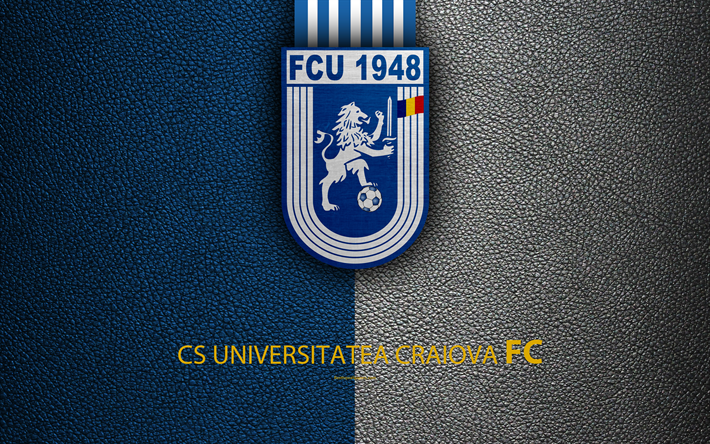 CS Universitatea Craiova, un logo, un cuir &#224; la texture, 4k, club de football anglais, League, Premier League, Craiova, en Roumanie, en football