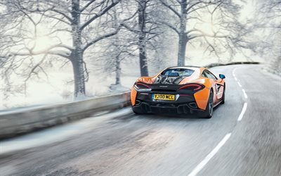 McLaren 570S, invierno, nieve, coche deportivo, coche de carreras, naranja 570S, McLaren