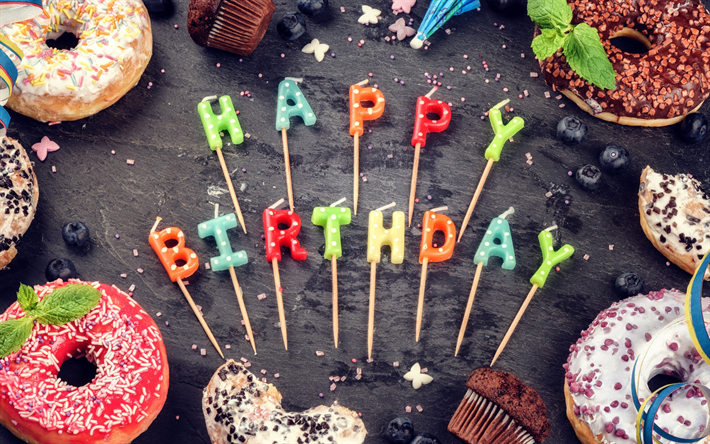 Happy Birthday, lollipops, muffins, sweets, decorations, Birthday
