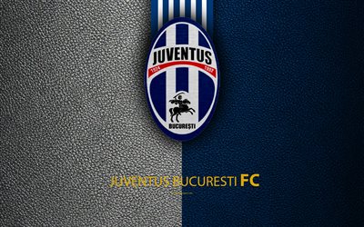 FC Juventus Bucareste, logo, textura de couro, 4k, Romeno de futebol do clube, Liga Eu, Primeira Liga, Bucareste, Rom&#233;nia, futebol