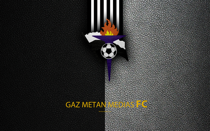 Gaz Metan Medias, logo, textura de couro, 4k, Romeno de futebol do clube, Liga Eu, Primeira Liga, Mediash, Rom&#233;nia, futebol