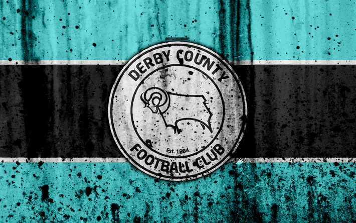 4k, Derby County FC, grunge, EFL Championship, konst, fotboll, football club, England, Derby County, logotyp, sten struktur