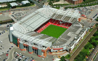 Old Trafford, Theatre of Dreams, view from above, 4k, football stadium, Manchester United, England, Premier League