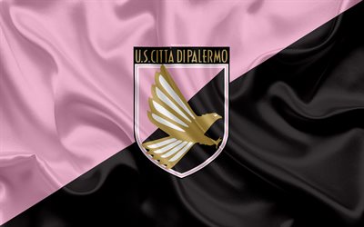 NOS Palermo, 4k, Serie B, de f&#250;tbol, de seda, de la textura, el emblema, la bandera de seda, Palermo FC logotipo, italiano, club de f&#250;tbol, Palermo, Italia