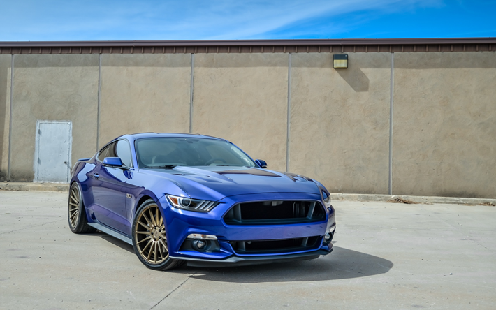 Ford Mustang, 2017, bleu sport, les coup&#233;s, mustang tuning, jantes de luxe, Ford