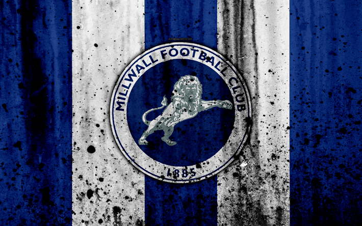 4k, Millwall FC, grunge, EFL Championship, konst, fotboll, football club, England, Millwall, logotyp, sten struktur