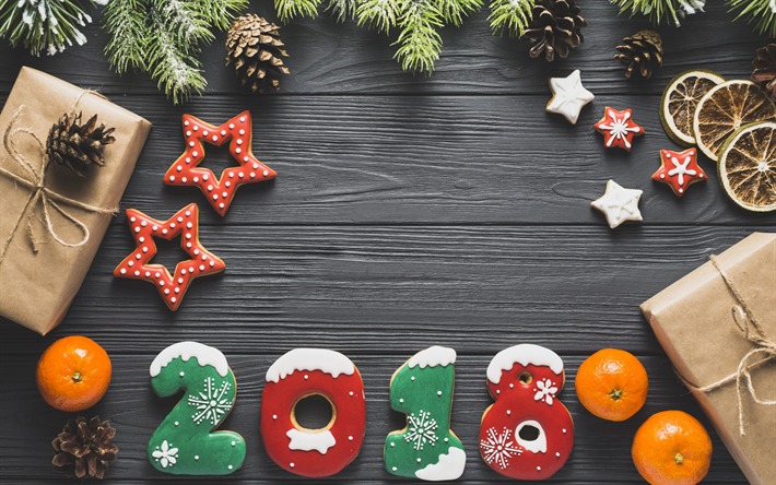 New Year, 2018, cookies, Christmas tree, tangerines, Happy New Year