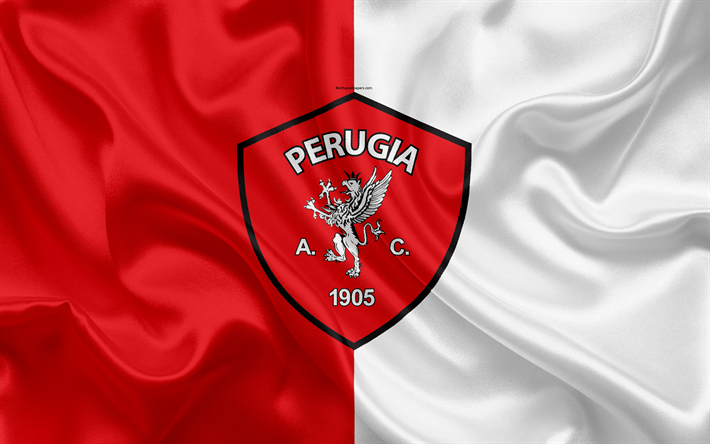 AC Perugia Calcio, 4k, Serie B, football, silk texture, Perugia FC emblem, silk flag, logo, Italian football club, Perugia, Italy