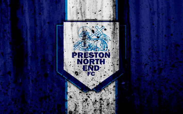 4k, Preston North End FC, grunge, EFL Championship, konst, fotboll, football club, England, Preston North End, logotyp, sten struktur