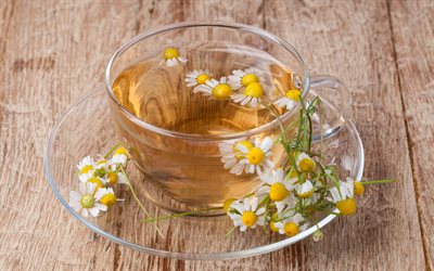 tea with chamomile, flower tea, drinks, glass cup