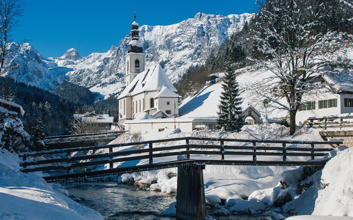 St Sebastian Church, Ramsau, winter, mountains, snow, Ramsauer Ache River, Bavarian Alps, Bavaria, Germany