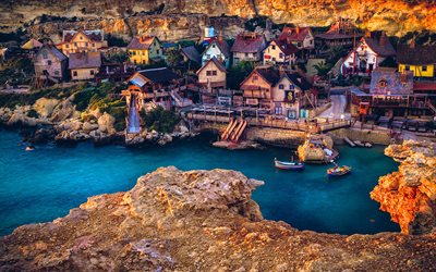 Popeye, bay, sea, coast, village, Malta, Europe
