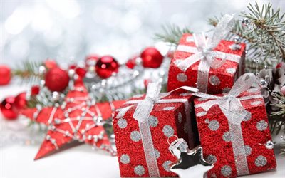 Noel, kırmızı hediyeler, Yeni Yıl, 2018, Noel ağacı, kırmızı dekorasyon, hediye Kutuları