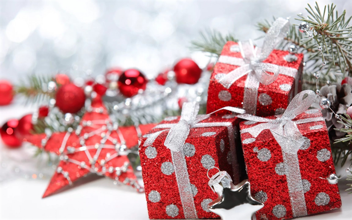 weihnachten, rote, geschenke, neues jahr, 2018, baum, dekoration, geschenk-boxen