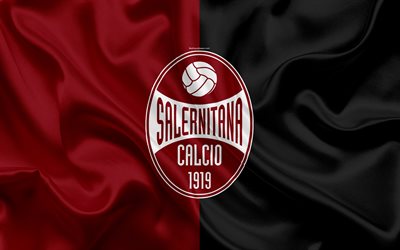 OSS Salernitana 1919, 4k, Serie B, fotboll, siden konsistens, emblem, silk flag, logotyp, Italiensk fotboll club, Salerno, Italien, Salernitana FC