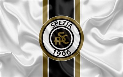 Spezia Calcio, 4k, Serie B, fotboll, siden konsistens, emblem, silk flag, logotyp, Italiensk fotboll club, Krydda, Italien, Spezia FC