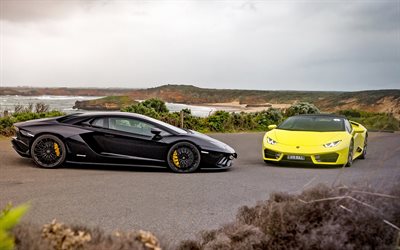Lamborghini Aventador, black supercar, yellow roadster, sports cars, Lamborghini Huracan