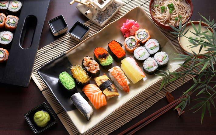 sushi, Japansk mat, rullar, nigiri, gunkany, vallmo, uramaki