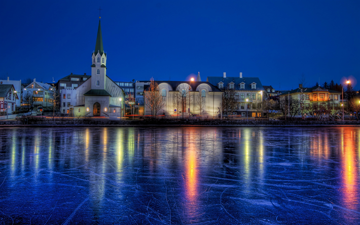 Reykjavik, 4k, el hielo, la noche, terrapl&#233;n, Islandia, Europa