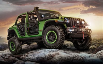 Jeep Wrangler Rubicon, 2018, Unlimited, green SUV, tuning Rubicon, American cars, Jeep