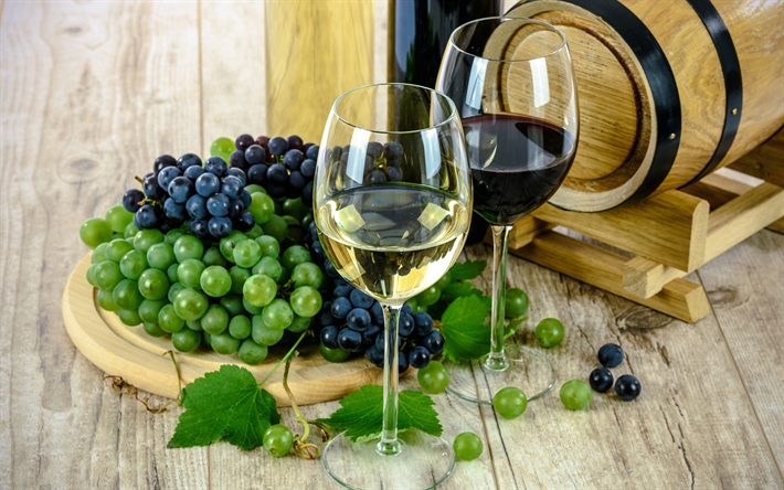 vinho branco, copos de vinho, barril de madeira, vinho tinto, uvas