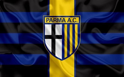 Parma Jalkapallo 1913, 4k, Serie B, jalkapallo, silkki tekstuuri, tunnus, silkki lippu, logo, Italian football club, Parma, Italia, Parma FC