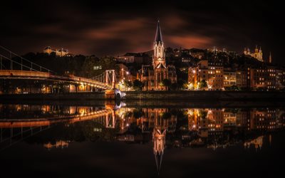 Lyon, 4k, paisajes nocturnos, r&#237;o, puente, Francia, Europa