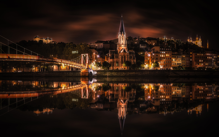 Lione, 4k, paesaggi notturni, fiume, ponte, Francia, Europa