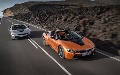 BMW i8, 2019, oranssi roadster, harmaa urheilu coupe, s&#228;hk&#246;autot, uusi i8, BMW
