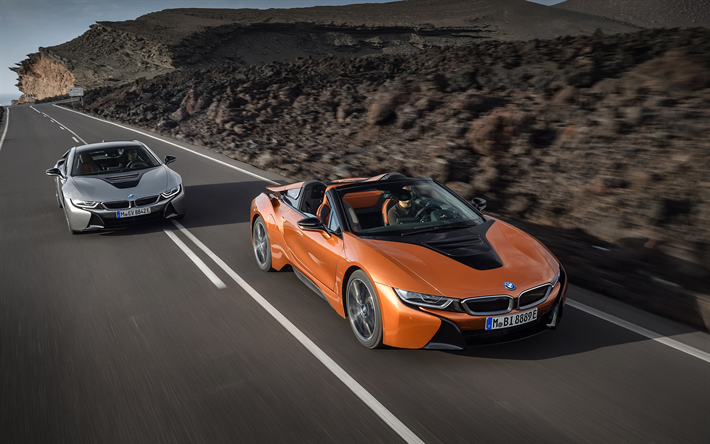 bmw i8 2019 orange roadster gray sports coupe electric cars